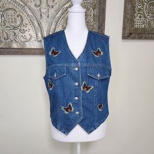 Vtg Stonebridge Butterfly Embroidered Denim Button Up Vest Small Y2K Boho Chic
